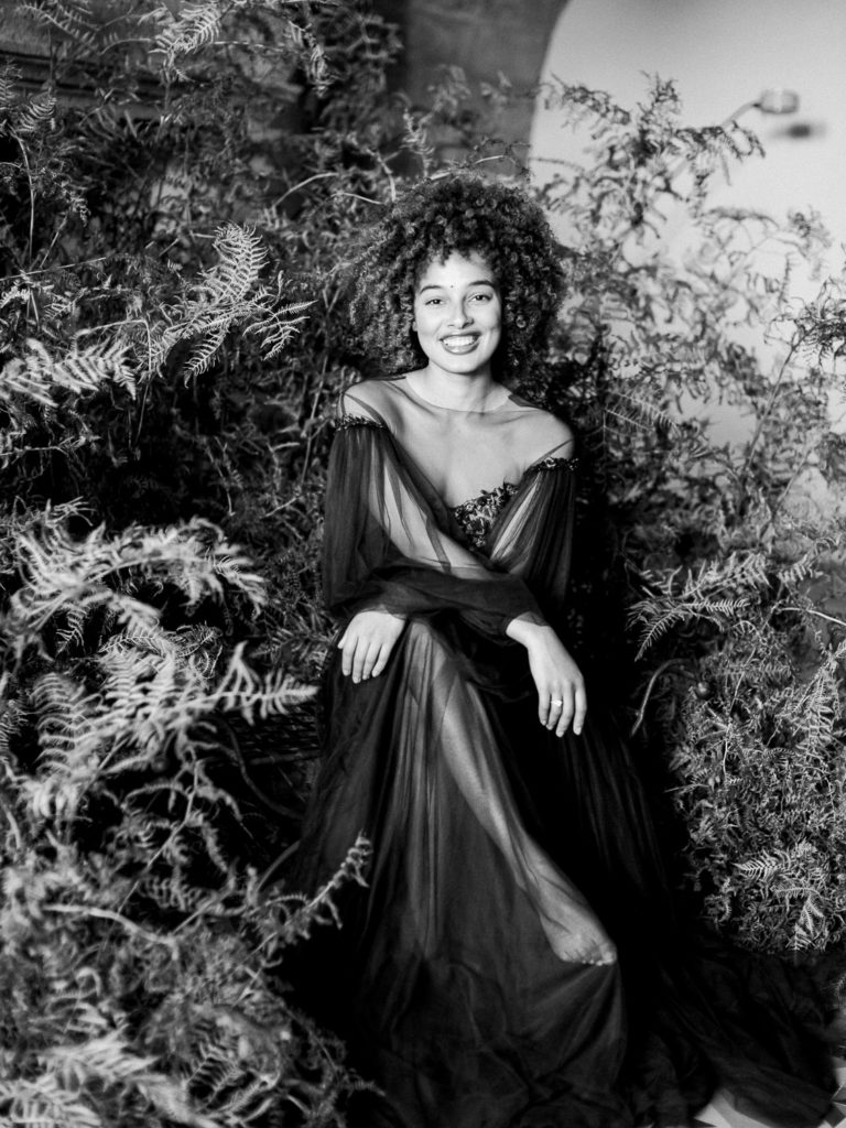 An ethereal french bridal boudoir with a gauzy black Daalarna dress