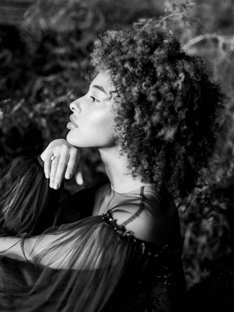 An ethereal french bridal boudoir with a gauzy black Daalarna dress