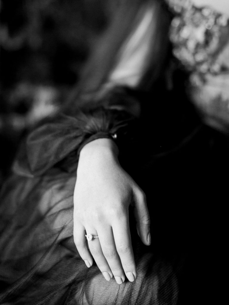 An ethereal french bridal boudoir with a gauzy black Daalarna dress