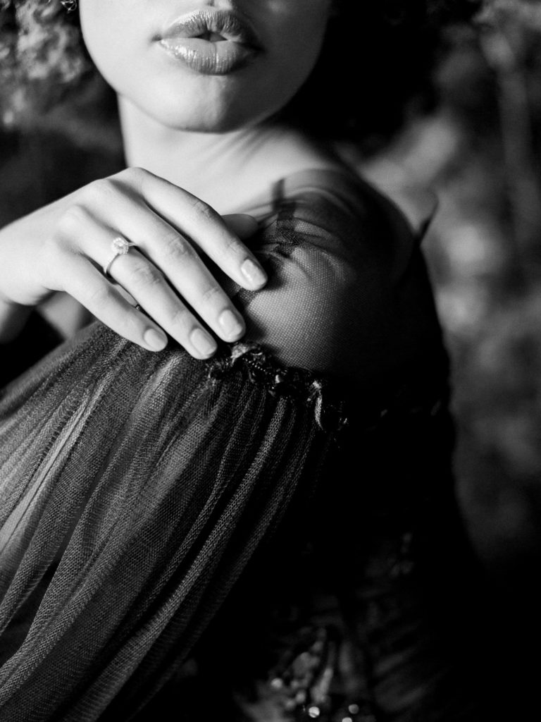 An ethereal french bridal boudoir with a gauzy black Daalarna dress