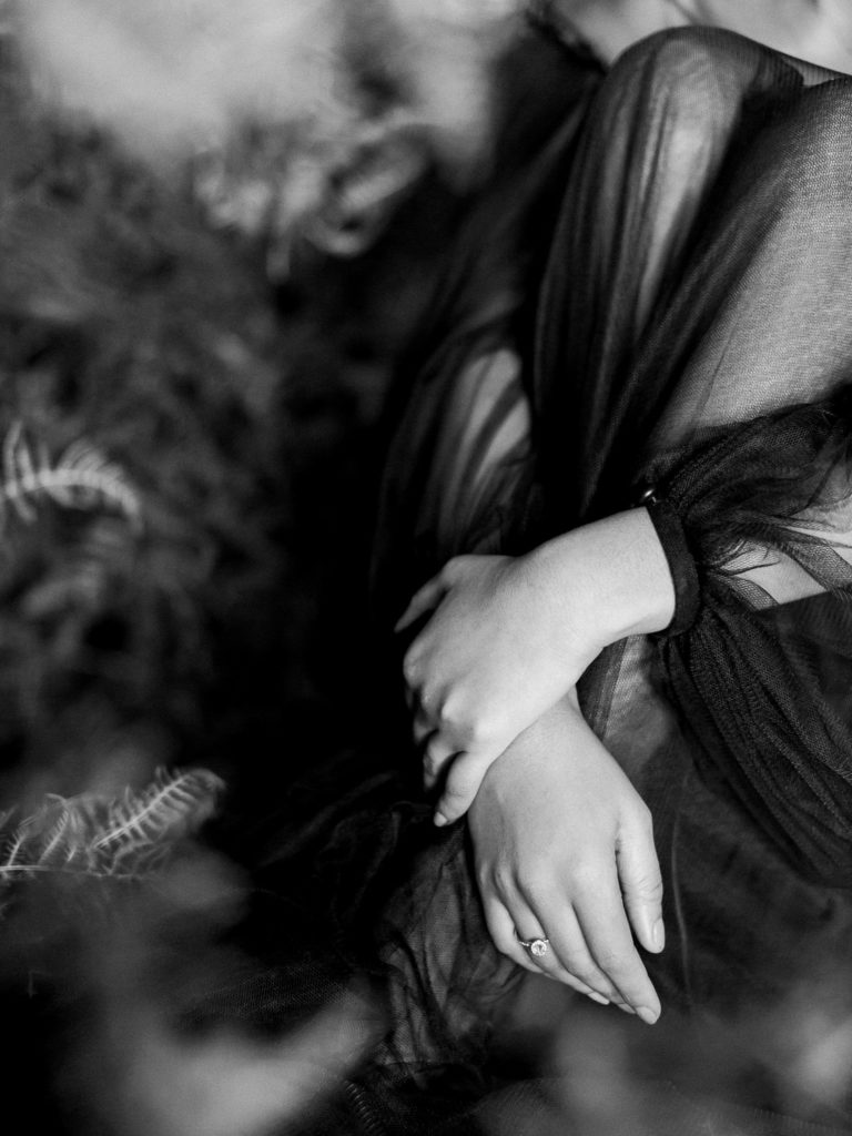 An ethereal french bridal boudoir with a gauzy black Daalarna dress