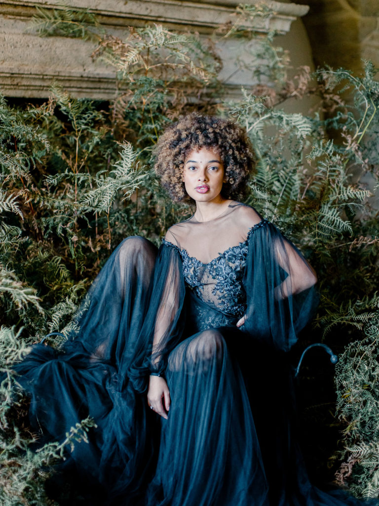 An ethereal french bridal boudoir with a gauzy black Daalarna dress